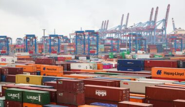 Bunte Schiffscontainer im Hamburger Hafen. Im Hintergrund sind blaue und rote Krähne.