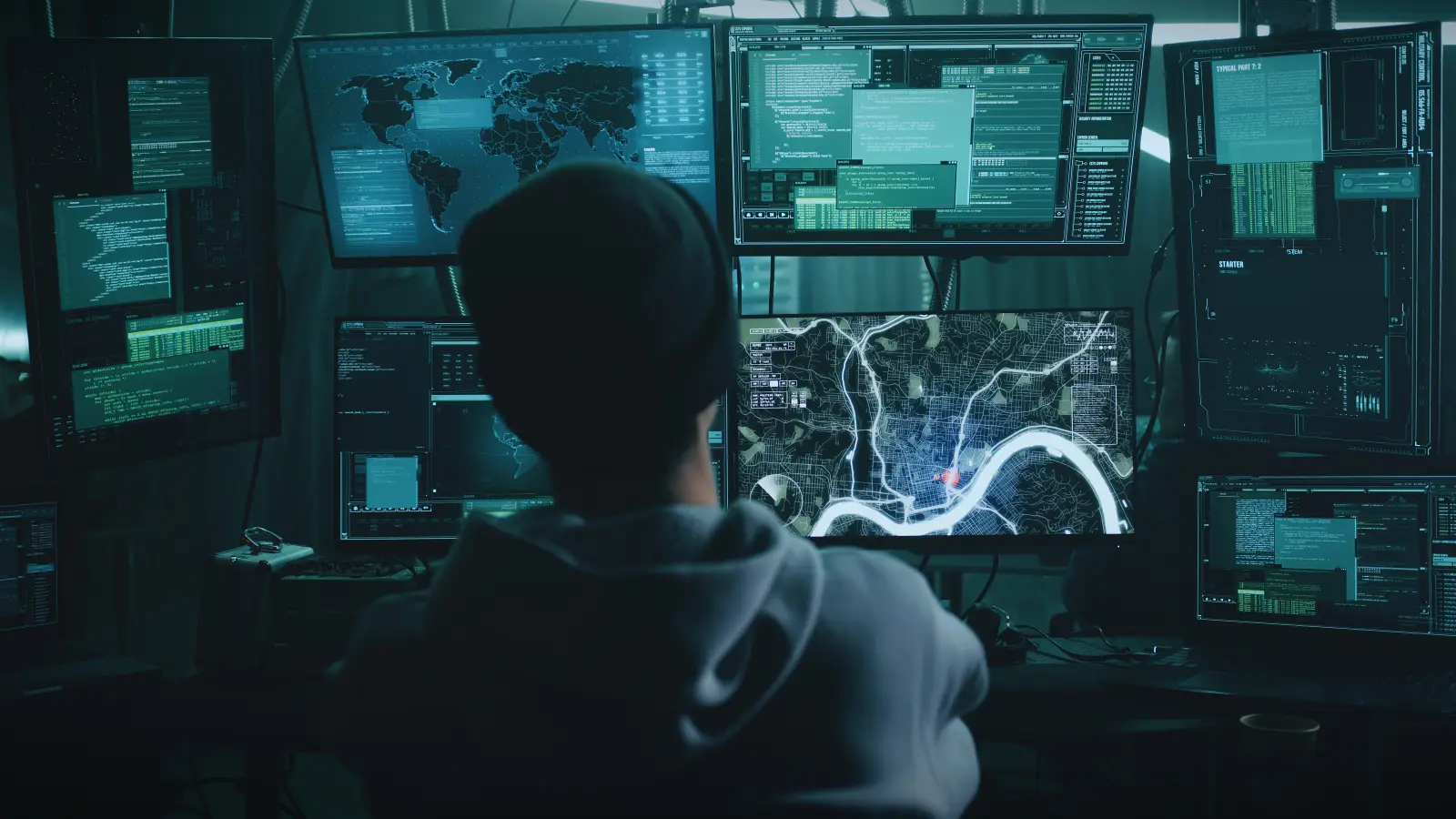 Hacker in dark room using multiple monitors with code and maps during a cyberattack simulation