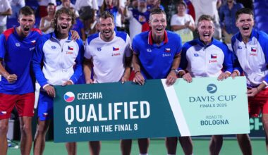 Czechia celebrates its 3-2 tie victory against the United States Saturday in Delray Beach.