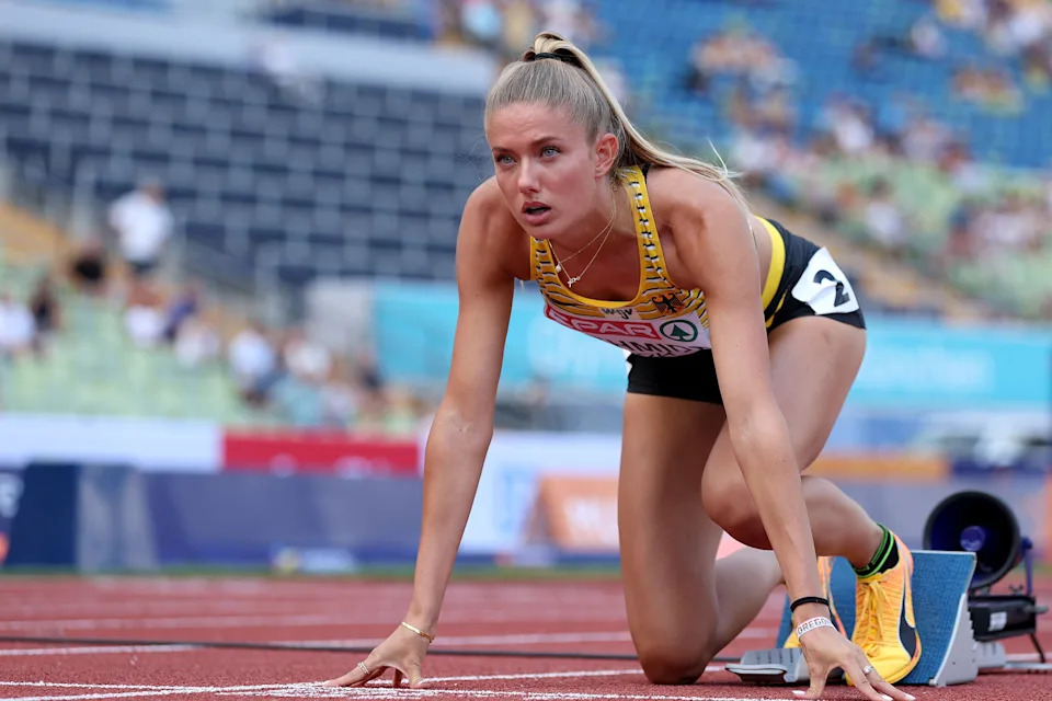 MUNICH, GERMANY - AUGUST 16: Alica Schmidt of Germany looks on prior to competing in the Women's 400m Semifinal 3 on day 6 of the European Championships Munich 2022 at Olympiapark on August 16, 2022 in Munich, Germany. (Photo by Alexander Hassenstein/Getty Images)