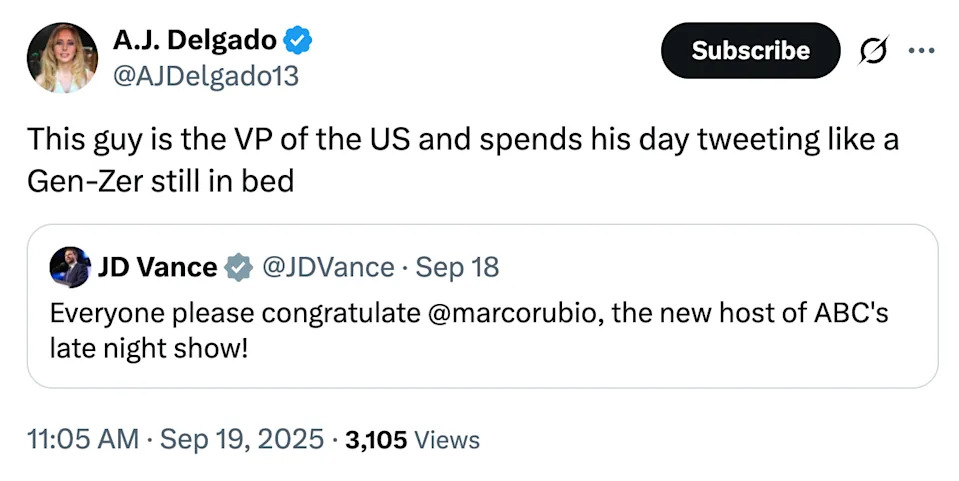 Tweet by A.J. Delgado jokes that the US VP tweets like a Gen-Zer, referencing a comment by JD Vance about Marco Rubio hosting ABC's late-night show