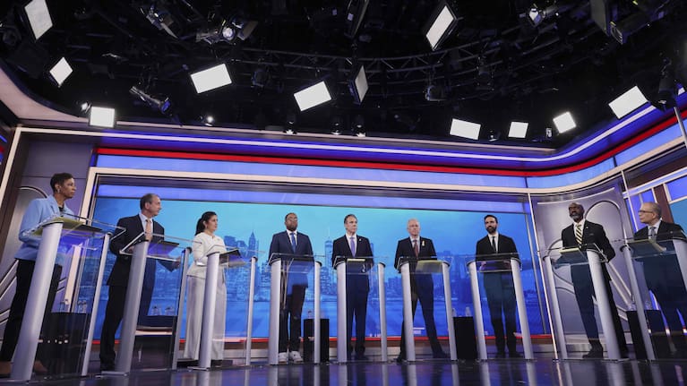 Democratic mayoral candidates Adrienne Adams, Brad Lander, Jessica Ramos, Zellnor Myrie, Andrew Cuomo, Whitney Tilson, Zohran Mamdani, Michael Blake and Scott Stringer participate in a Democratic mayoral primary debate