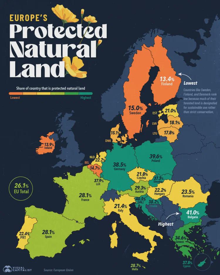 Map of European Union's protected natural land