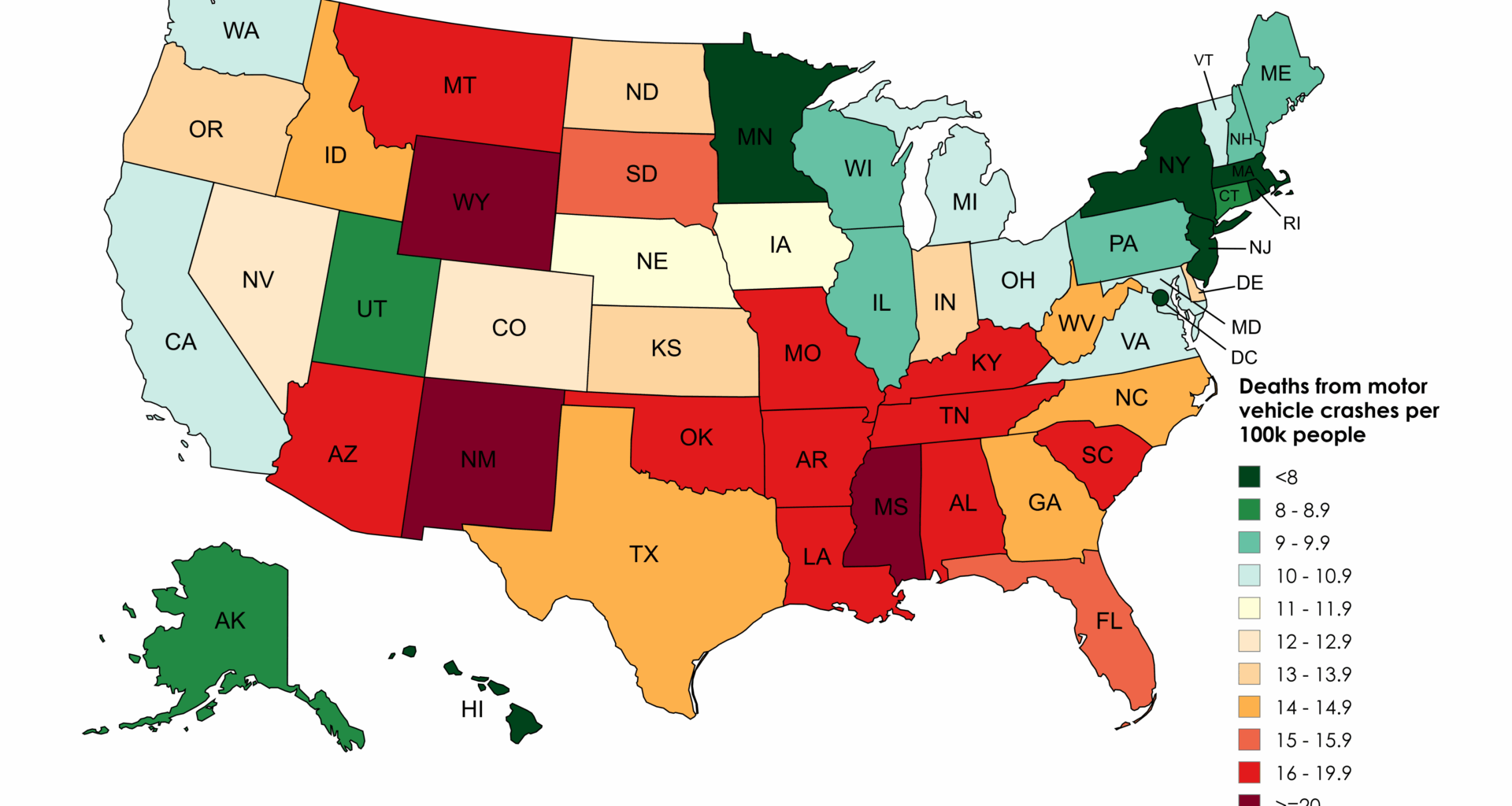 [OC] Deaths from motor vehicle crashes per 100k people by U.S. state in 2023