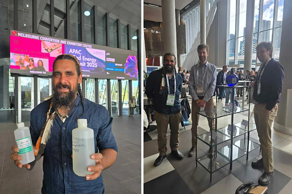 Right: Gurridyula arriving at the 52nd Congress of the International Association of Hydrogeologists in Melbourne holding the water. Right: Him meeting with Professor Matt Currell at the conference.