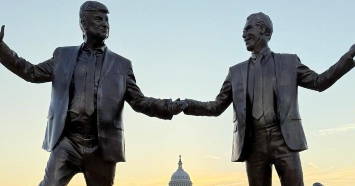 Trump’s Goons Topple 12-Foot Statue of Him and Epstein. | The 12-foot bronze had got a permit from the federal government—but then vanished.