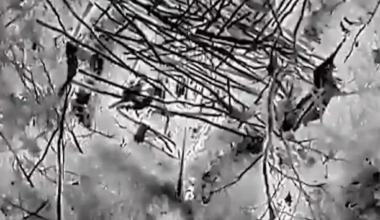 Footage of a drone operator by the Ukrainian "Nemesis" unit "carpet bombing" a Russian position with his UAV.