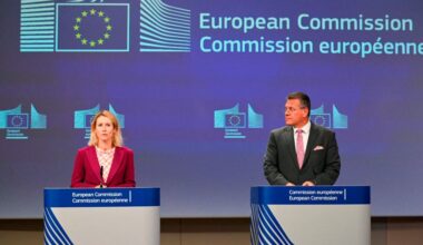 EU High Representative and Vice-President for Foreign Affairs and Security Policy Kaja Kallas and EU Commissioner for Trade and Economic Security, Interinstitutional relations and Transparency Maros Sefcovic hold a press conference on the Mercosur trade agreement, at the EU headquarters, in Brussels, on September 3, 2025.