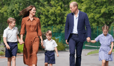 Prince George, Kate Middleton, Prince Louis and Princess Charlotte holding hands in a line with their parents walking to school