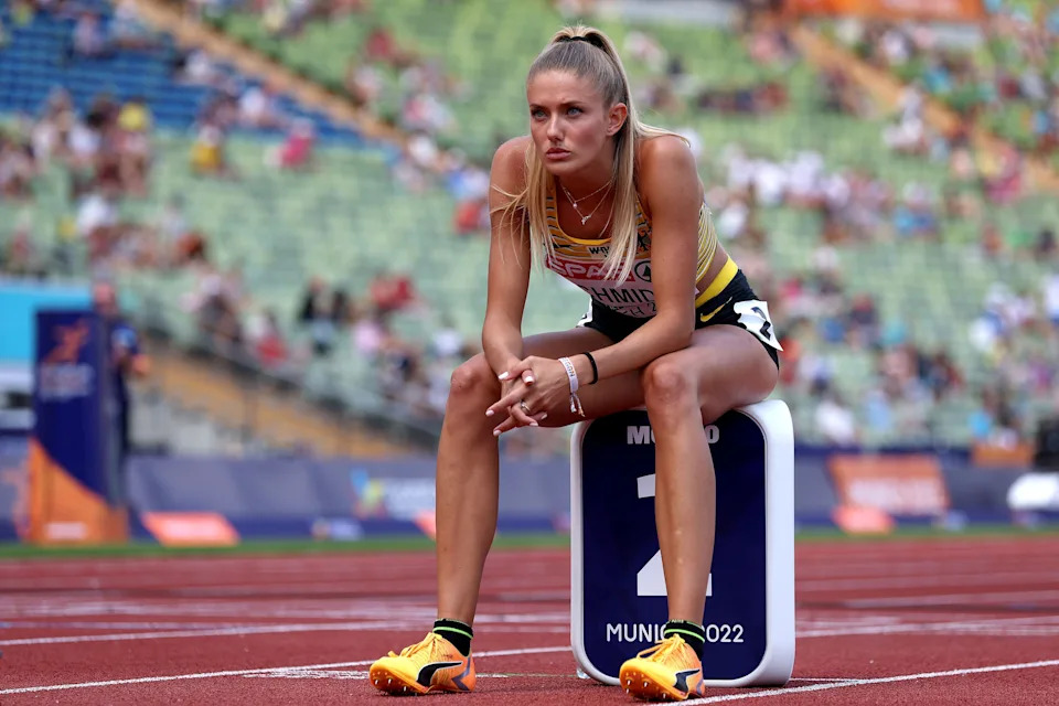 MUNICH, GERMANY - AUGUST 16: Alica Schmidt of Germany looks on prior to competing in the Women's 400m Semifinal 3 on day 6 of the European Championships Munich 2022 at Olympiapark on August 16, 2022 in Munich, Germany. (Photo by Alexander Hassenstein/Getty Images)