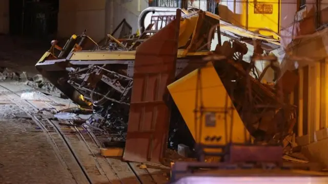 Funicular destruido sobre las vías después de descarrilar y estrellarse contra un edificio.