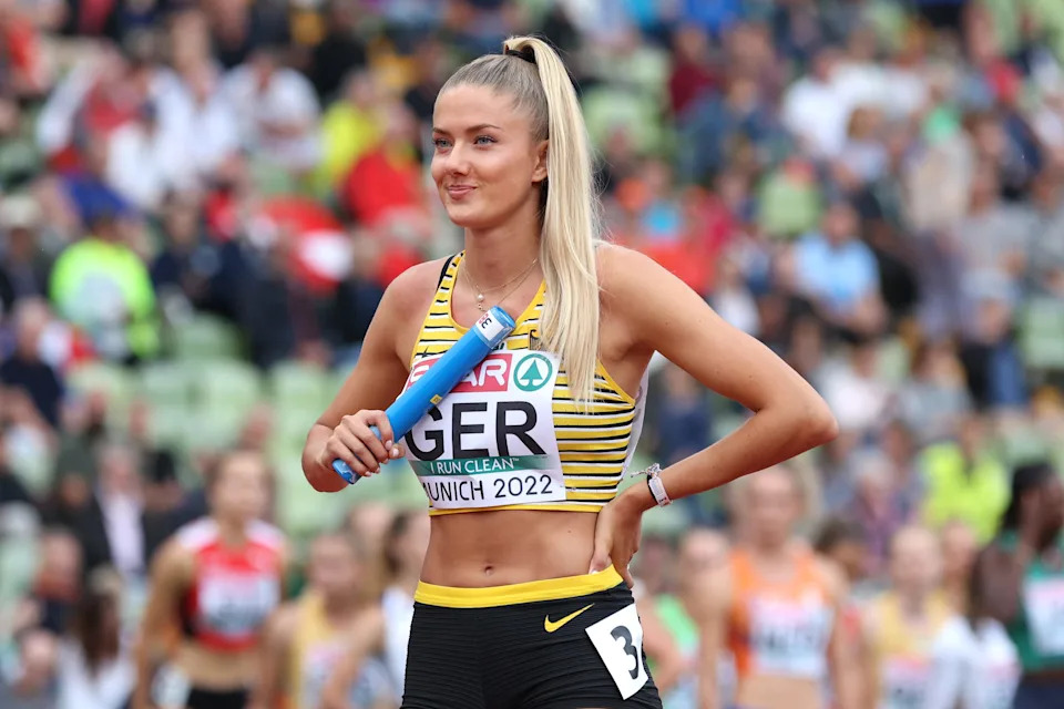 MUNICH, GERMANY - AUGUST 19: Alica Schmidt of Germany prepares to compete in the Women's 4 x 400m Relay Round 1 - Heat 2 during the Athletics competition on day 9 of the European Championships Munich 2022 at Olympiapark on August 19, 2022 in Munich, Germany.