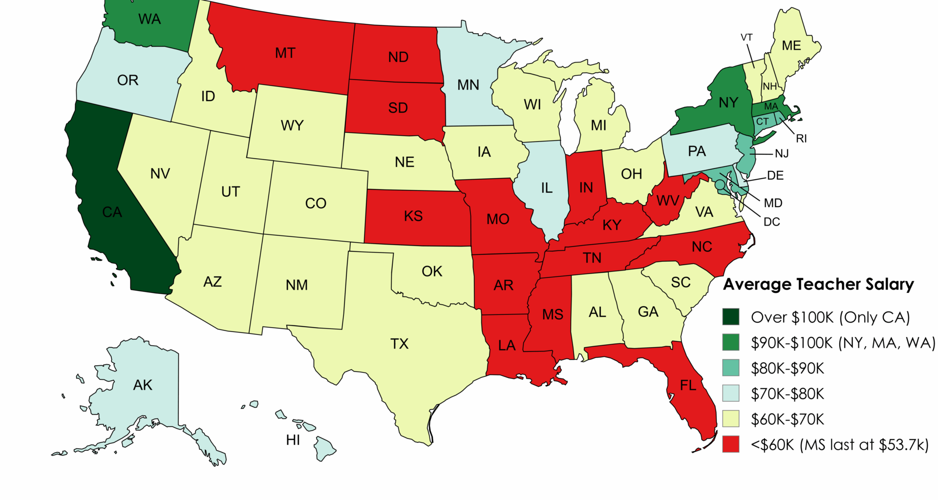[OC] Average Teacher Salary by US State 2023-24