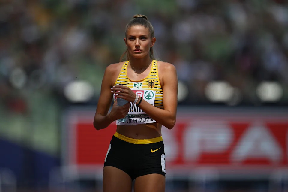 MUNICH, GERMANY - AUGUST 16: Alica Schmidt of Germany looks on prior to competing in the Women's 400m Semifinal 3 on day 6 of the European Championships Munich 2022 at Olympiapark on August 16, 2022 in Munich, Germany. (Photo by Matthias Hangst/Getty Images)