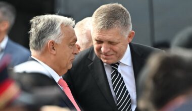 Slovak Prime Minister Robert Fico (R) and Hungarian Prime Minister Viktor Orbán attend the ceremony to celebrate the 130th anniversary of the Mária Valéria Bridge that connects the Slovak town of Štúrovo with the Hungarian town of Esztergom on September 28, 2025.
