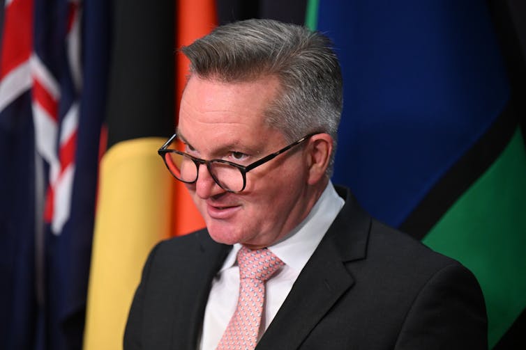 A man in a suit stands in front of flags