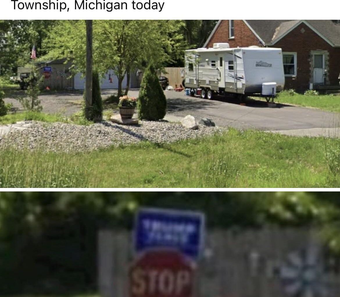 A Trump-Vance sign is visible on the fence of the domestic terrorist who attacked a Church of Jesus Christ of Latter-day Saints in Grand Blanc Township, Michigan today