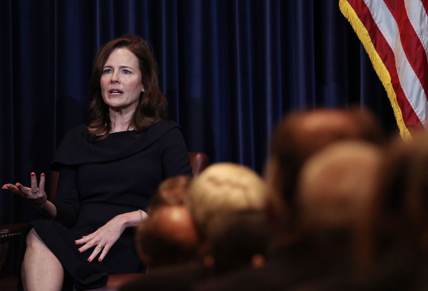 Supreme Court Justice Amy Coney Barrett speaks at the Reagan Library in Simi Valley, California, on September 9.