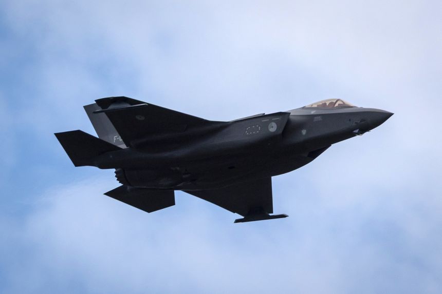 A US Army F-35 strike fighter flies during military exercises of Poland and NATO allied countries in Orzysz, northwestern Poland, on September 17, 2025.