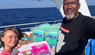 Greta Thunberg with Nelson Mandela’s grandson on the Sumud flotilla, receiving a Turkish aid consignment. September 29, 2025. ( Photo via Instagram / @Nkosi Zwelivelile  )