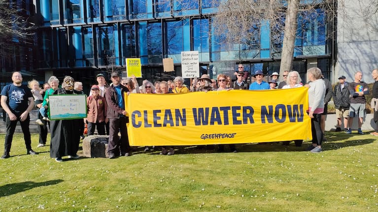 Greenpeace supports outside the Environment Canterbury building.