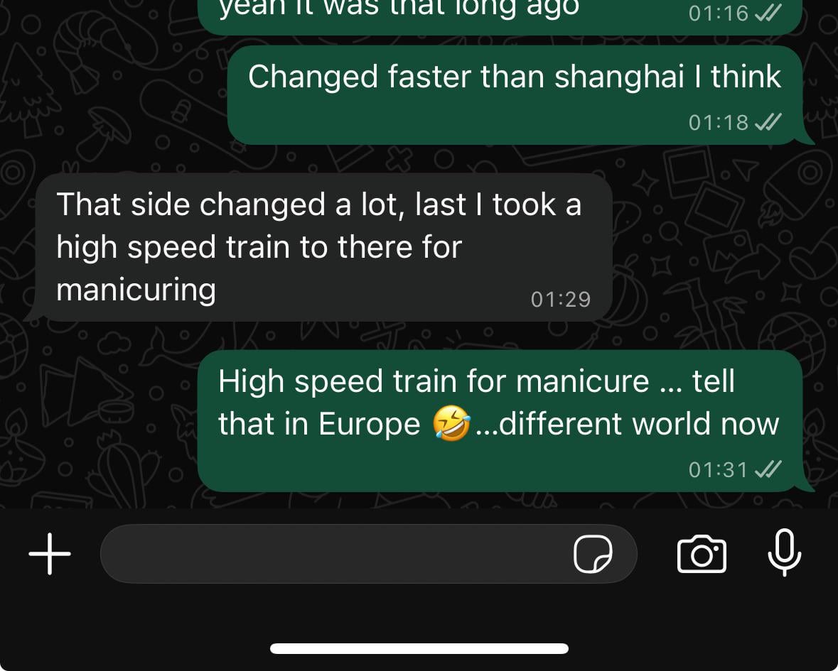 High speed train for manicure (arranging a catchup with a hk friend, I lived there 11 years)