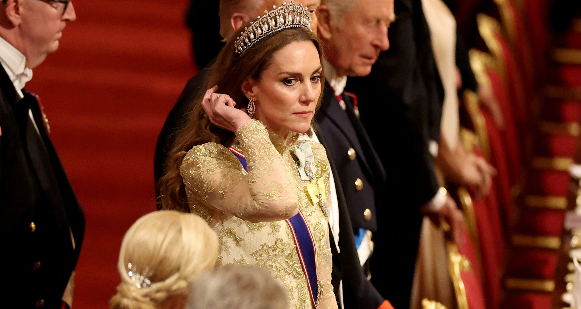 WINDSOR, ENGLAND - SEPTEMBER 17: Britain's King Charles, U.S. President Donald Trump and Britain's Catherine, Princess of Wales take their seats during a State Banquet at Windsor Castle for the State visit by the President of the United States of America on September 17, 2025 in Windsor, England. President Trump is in England from Sept. 16-18 on his second UK state visit, with the previous one taking place in 2019 during his first presidential term. (Photo by Phil Noble - WPA Pool/Getty Images)