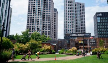 Residential tower blocks behind a park in London’s Elephant and Castle.