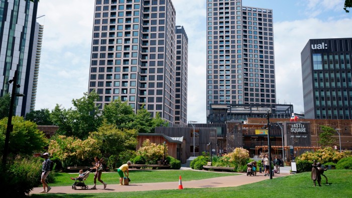 Residential tower blocks behind a park in London’s Elephant and Castle.