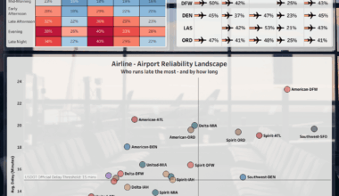 [OC] Airline delays across 10 major U.S. airports (2024–25, ~10M flights)
