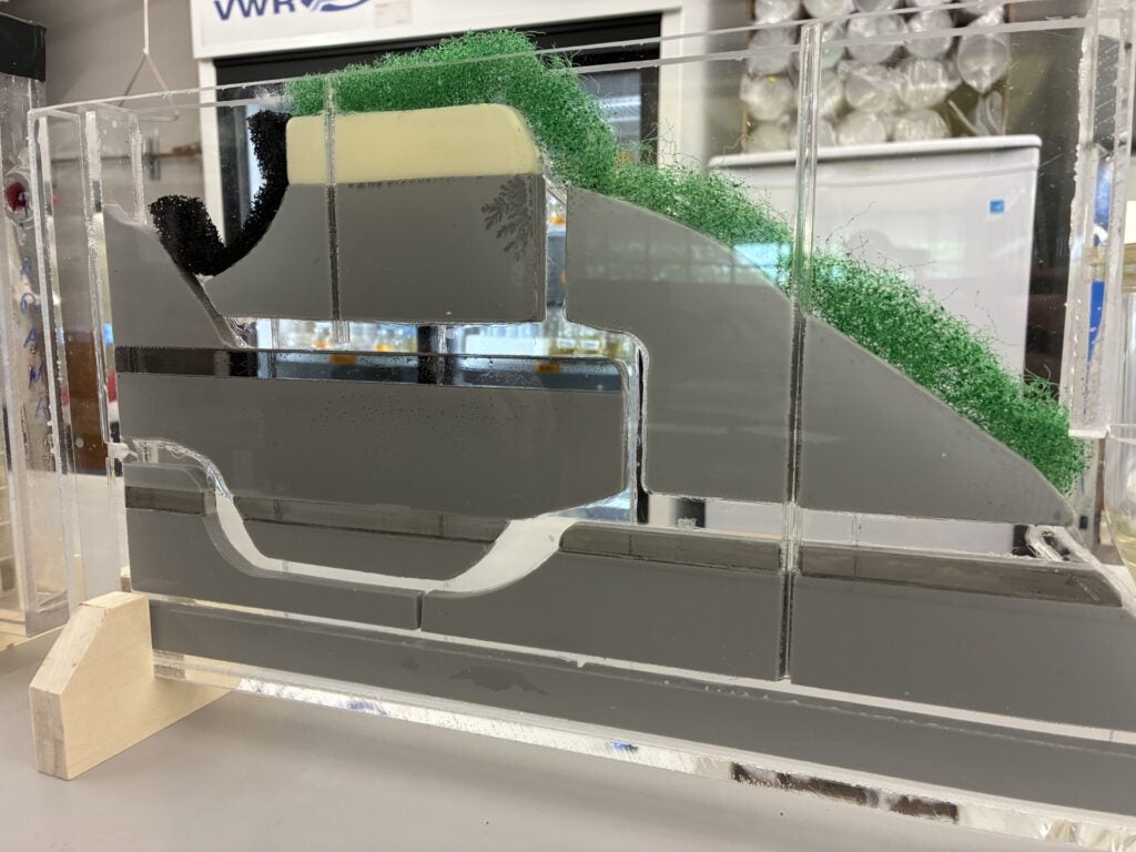 Custom-made hydrology model that mimics Alabama's cave landscape. Water is poured into the model and shows students how rainfall affects water levels in cave structures. 