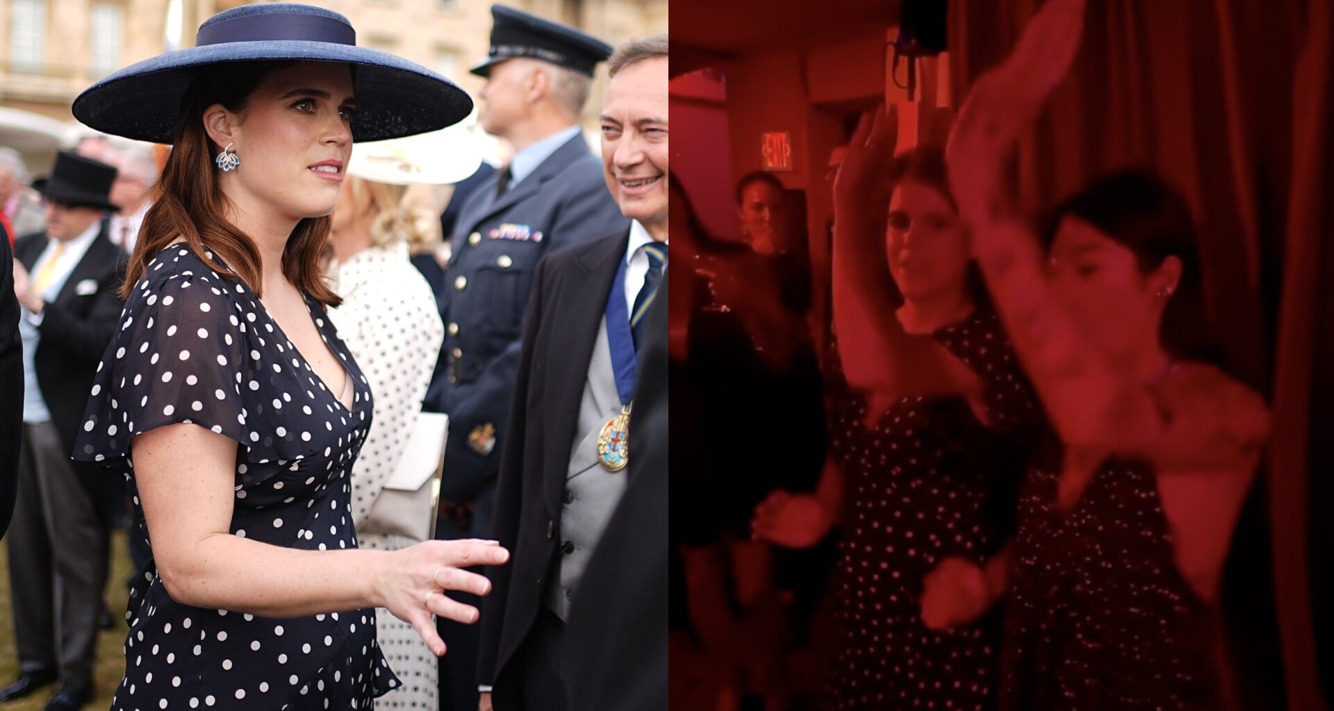 Princess Eugenie wearing a polka dot dress and blue hat; a photo of Eugenie dancing with her arms in the air next to a woman in a red-hued room