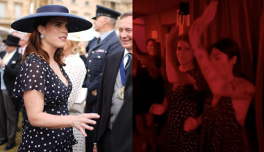 Princess Eugenie wearing a polka dot dress and blue hat; a photo of Eugenie dancing with her arms in the air next to a woman in a red-hued room