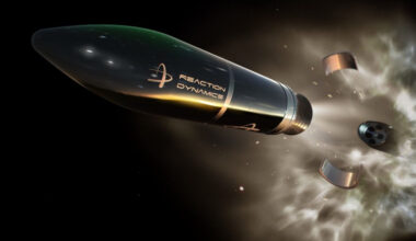 An illustration of a reaction Dynamics rocket in space