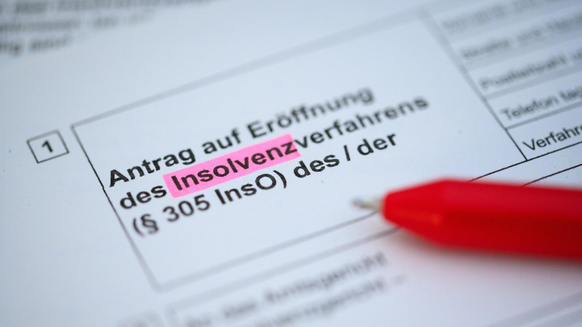 Ein Kugelschreiber liegt auf einem Antrag zur Eröffnung eines Insolvenzverfahrens. Ein Kugelschreiber liegt auf einem Antrag zur Eröffnung eines Insolvenzverfahrens.