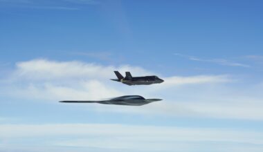 A B-2A Spirit strategic bomber in formation with a RNoAF F-35A Lightning IIs over the Norwegian Sea, September 3.