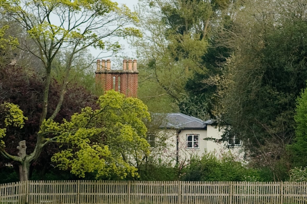 A large house is shown from a distance behind trees.