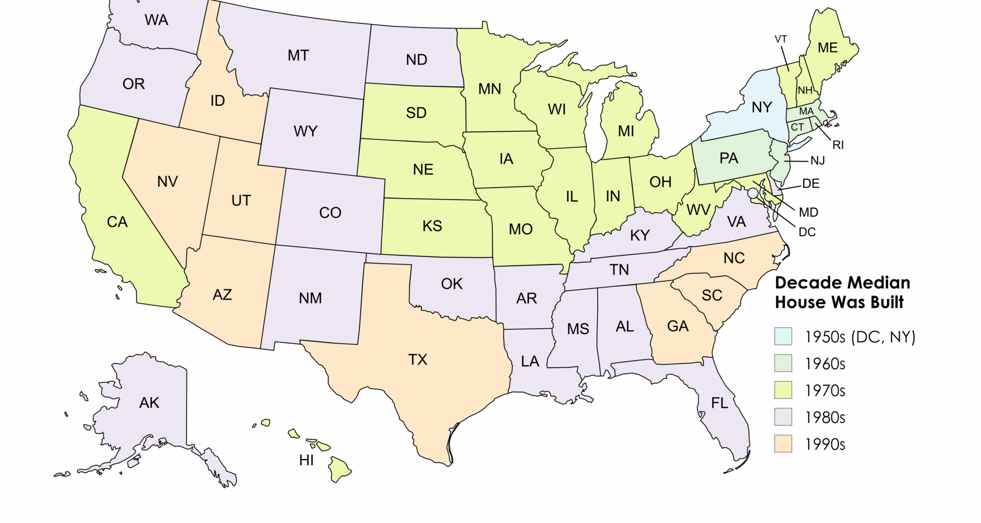 [OC] Decade in Which the Median House Was Built by US State