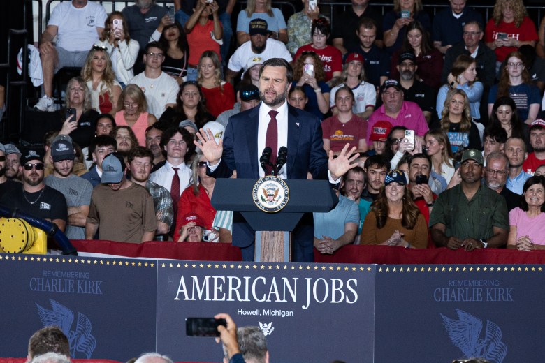 Vice President JD Vance speaks in Howell, Michigan. Supporters are seen behind him.