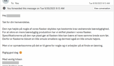 Svar fra Harboe angående deres tårnhøje 2-liters flasker