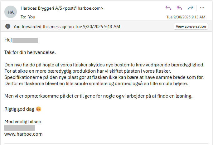 Svar fra Harboe angående deres tårnhøje 2-liters flasker