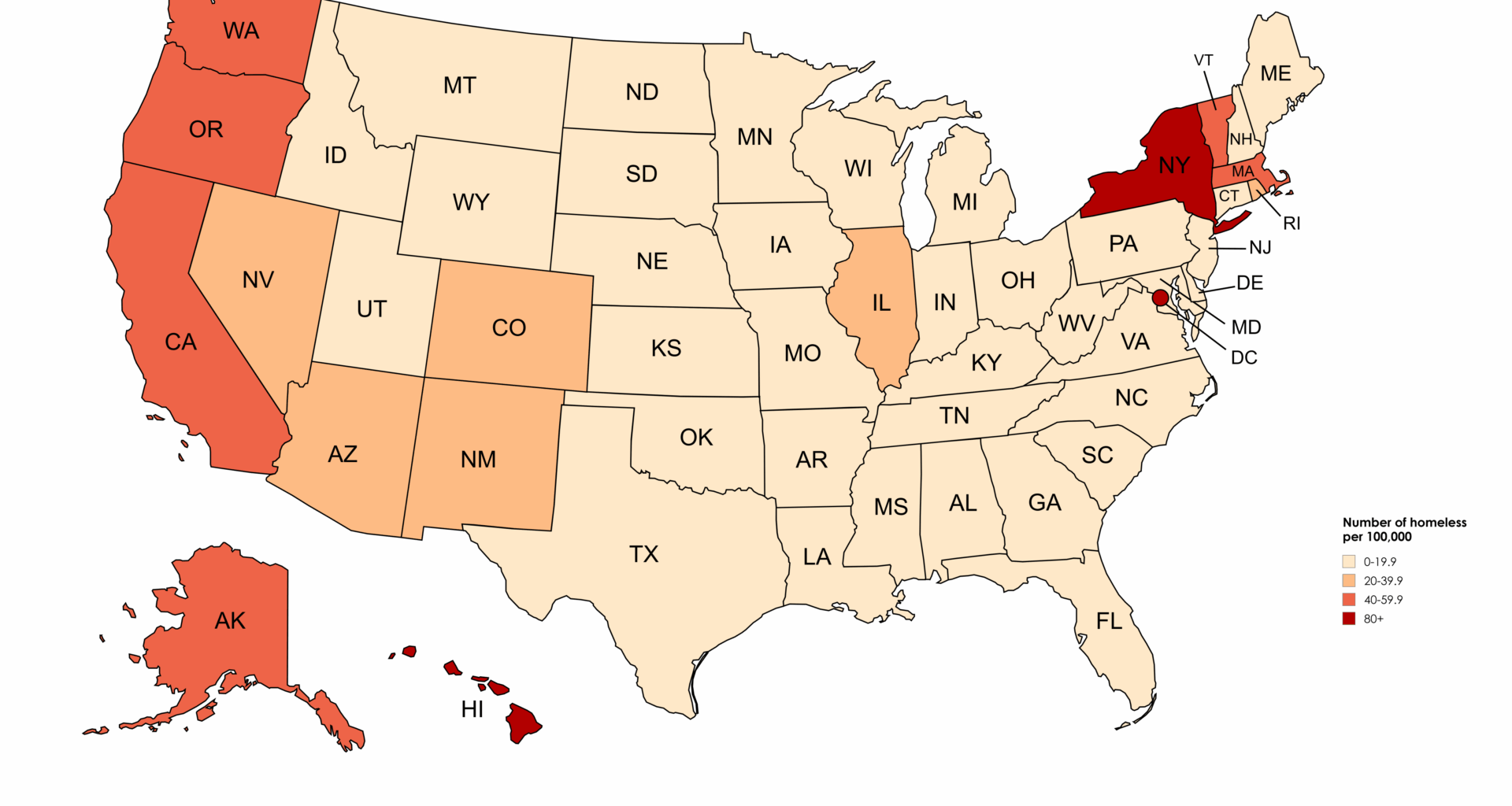 [OC] Number of homeless per 100,000, by state (2024)
