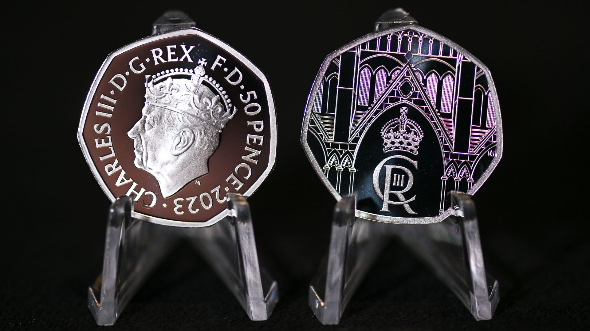 King Charles's commemorative 50 pence coin seen at the Royal Mint in 2023