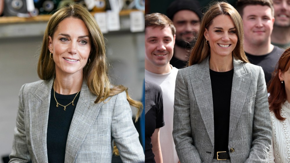 Kate Middleton wears a Bella Freud suit and necklace by Daniella Draper on Sept. 11, 2025 in Sudbury, England.