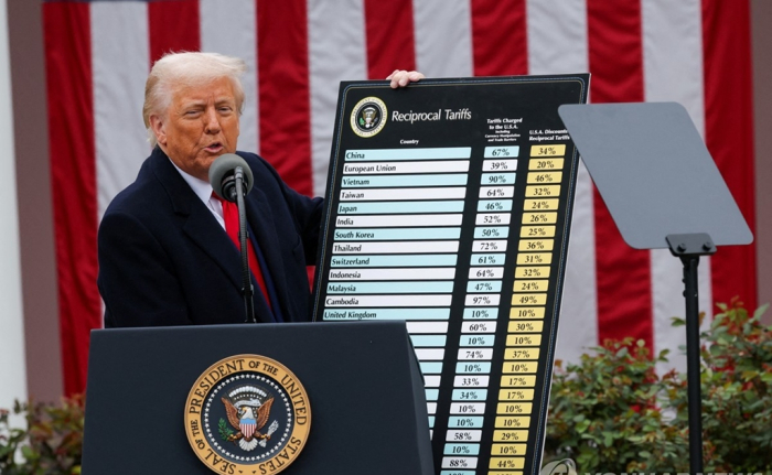 US President Donald Trump displays a table of US reciprocal tariffs in the Rose Garden at the White House in Washington, D.C. on April 2, 2025