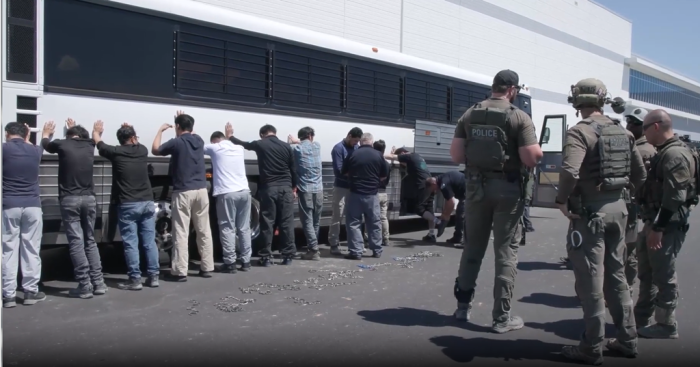 Workers at the Georgia construction site of a joint Hyundai Motor-LG Energy battery plant detained by US' ICE on Sept. 6, 2025 (Screenshot captured from ICE's video)