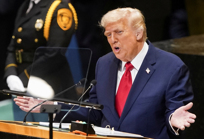 US President Donald Trump addresses the 80th UN General Assembly in New York on Sept. 23, 2025 (Reuters via Yonhap)