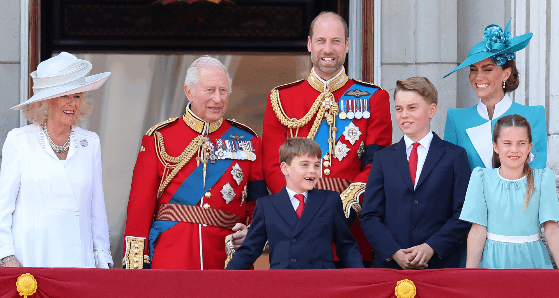 Queen Camilla, King Charles, Prince William, Prince Louis, Prince George, Princess Charlotte and Princess Kate on the balcony for Trooping the Colour 2025