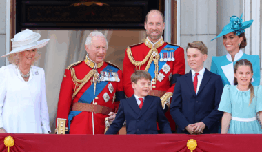 Queen Camilla, King Charles, Prince William, Prince Louis, Prince George, Princess Charlotte and Princess Kate on the balcony for Trooping the Colour 2025