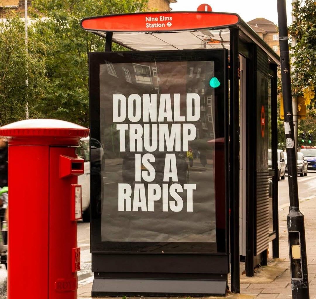 New bus stop subvertising near the US Embassy (Nine Elms) ahead of Trump's visit next week
